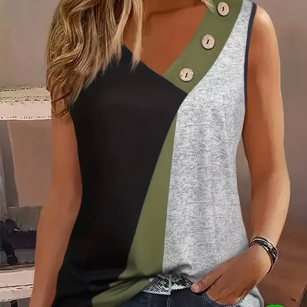 Sleeveless patchwork top with deep v-neck (XL)